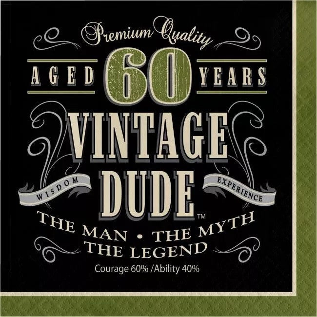 Vintage Dude 60th Birthday 3-Ply Lunch Napkins Paper The Man Myth Legend 16/CT