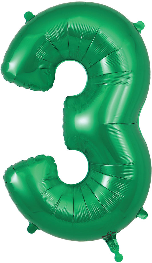 34" Green Number 3 Supershape Foil Mylar Balloon