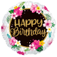 A round foil balloon with a white scalloped edge, featuring a dark brown center with glittery gold text that reads 'Happy Birthday' and surrounded by tropical pink, yellow, and white flowers with green leaves.