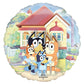 Bluey and Bingo and family panoramic Balloon with cartoon characters in front of a house, featuring the brand 'anagram'.