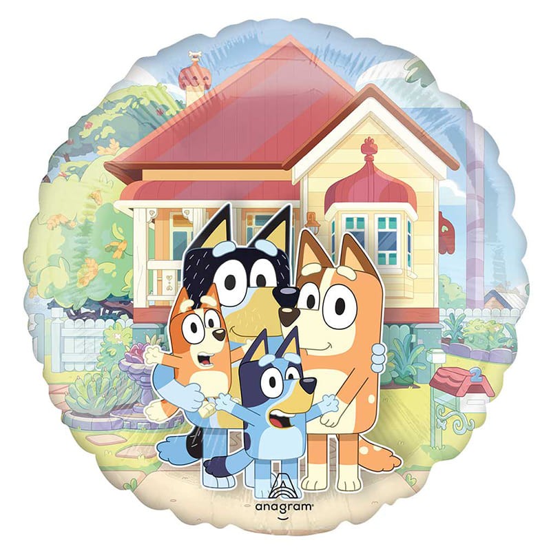 Bluey and Bingo and family panoramic Balloon with cartoon characters in front of a house, featuring the brand 'anagram'.