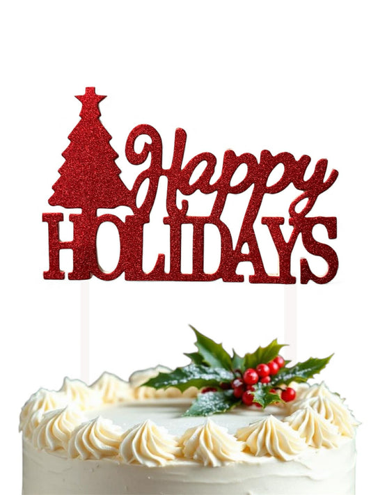 Happy Holidays Red Glitter Christmas Cake Topper
