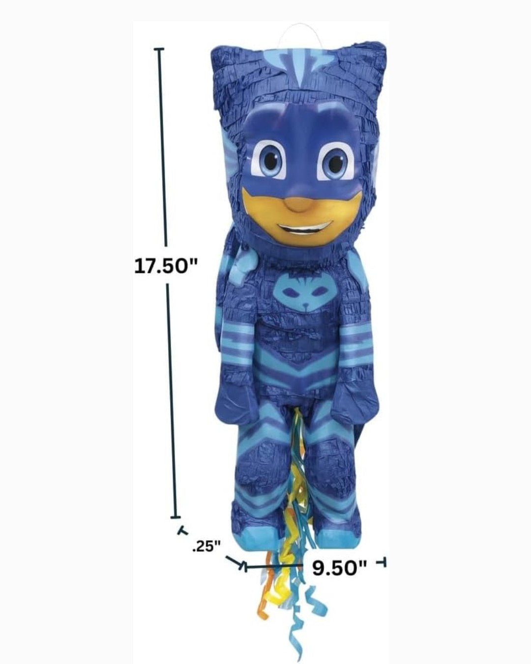 Blue superhero balloon with measurements on a white background