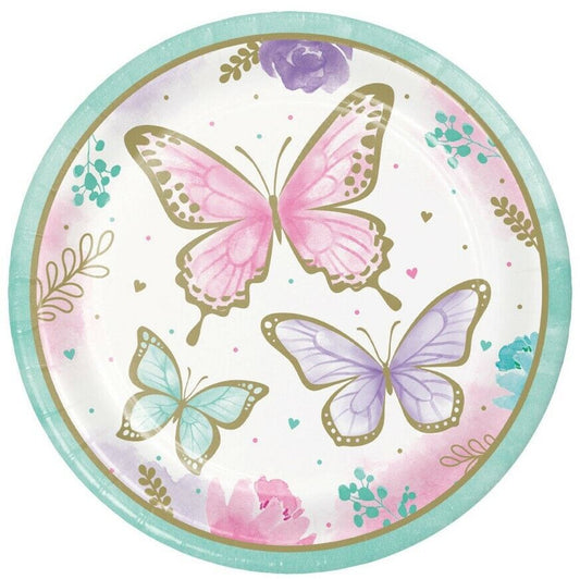 Butterfly Shimmer Party 9" Paper Plates Pretty Pastel & Gold Tea Party 8/ct