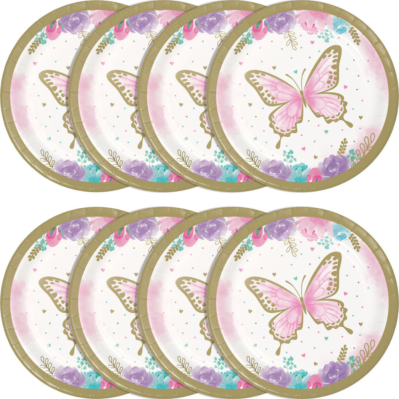 Butterfly Shimmer Party 7" Paper Plates Pretty Pastel & Gold Tea Party 8/ct
