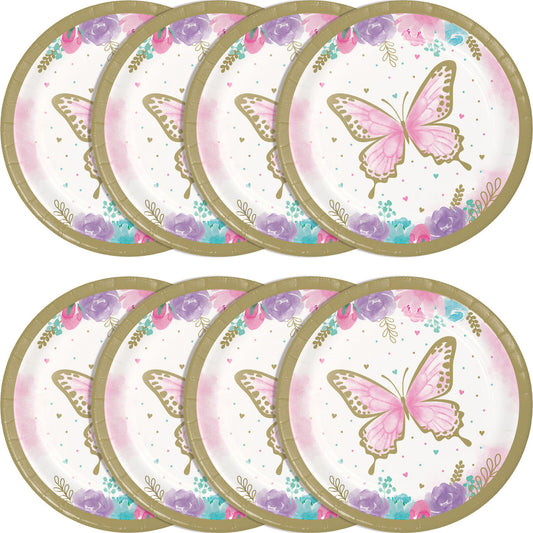 Butterfly Shimmer Party 7" Paper Plates Pretty Pastel & Gold Tea Party 8/ct