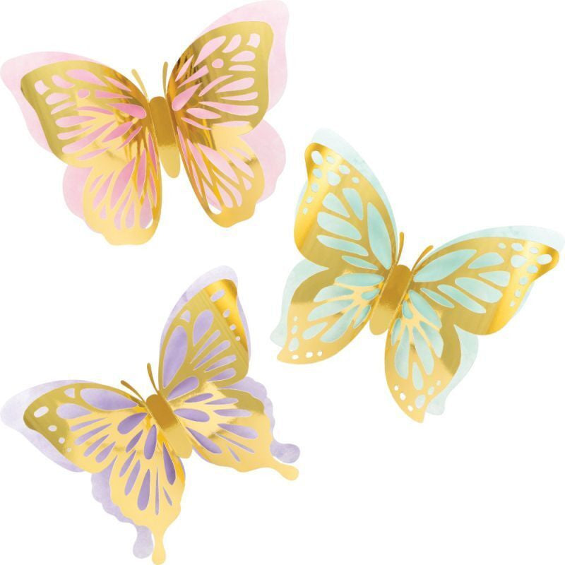 Butterfly Shimmer Party 3D Wall Cutouts Pretty Pastel & Gold Foil Tea Party 3/ct