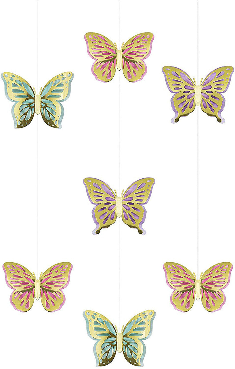 Butterfly Shimmer Party Hanging Strings Cutouts Pretty Pastel & Gold Foil Tea Party 3/ct
