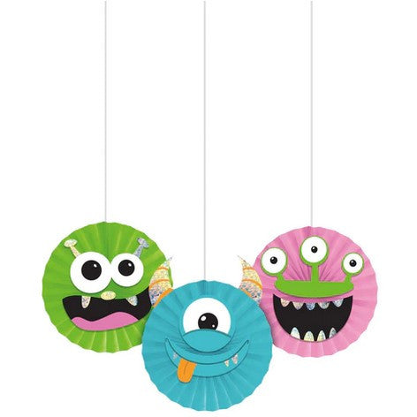 Monster Party Hanging Decoration Paper Fans w/ Stickers 32" 3/ct