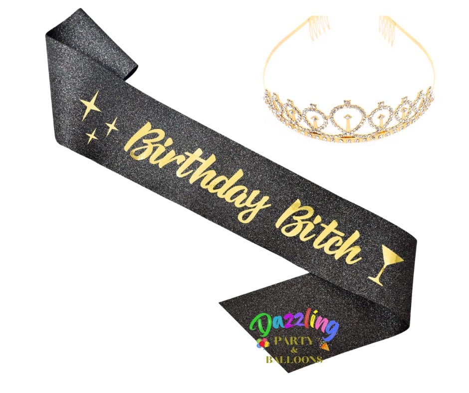 Birthday Bitch Black & Gold Glitter Tiara & Sash Set