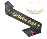Birthday Bitch Black & Gold Glitter Tiara & Sash Set