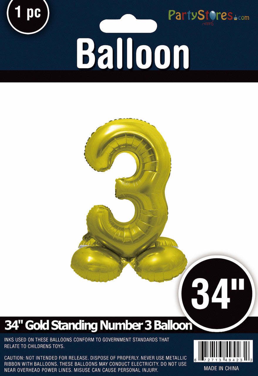 34" Gold Standing Number 3 Balloon Air-Fill ONLY