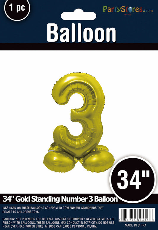 34" Gold Standing Number 3 Balloon Air-Fill ONLY