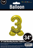 34" Gold Standing Number 3 Balloon Air-Fill ONLY