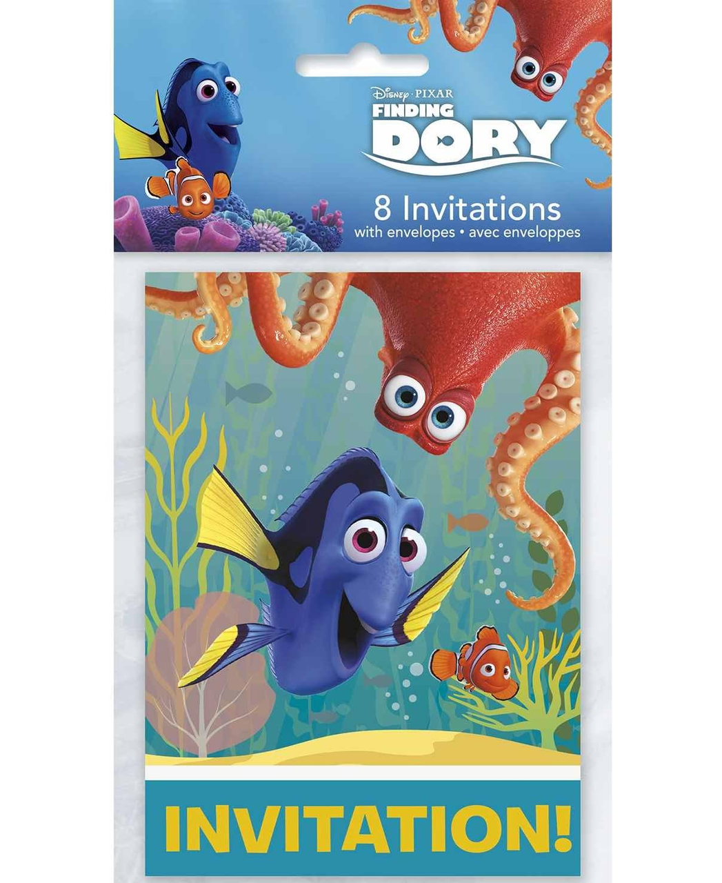 Charming invitations that feature the delightful image of Dory and friends swimming in the sea