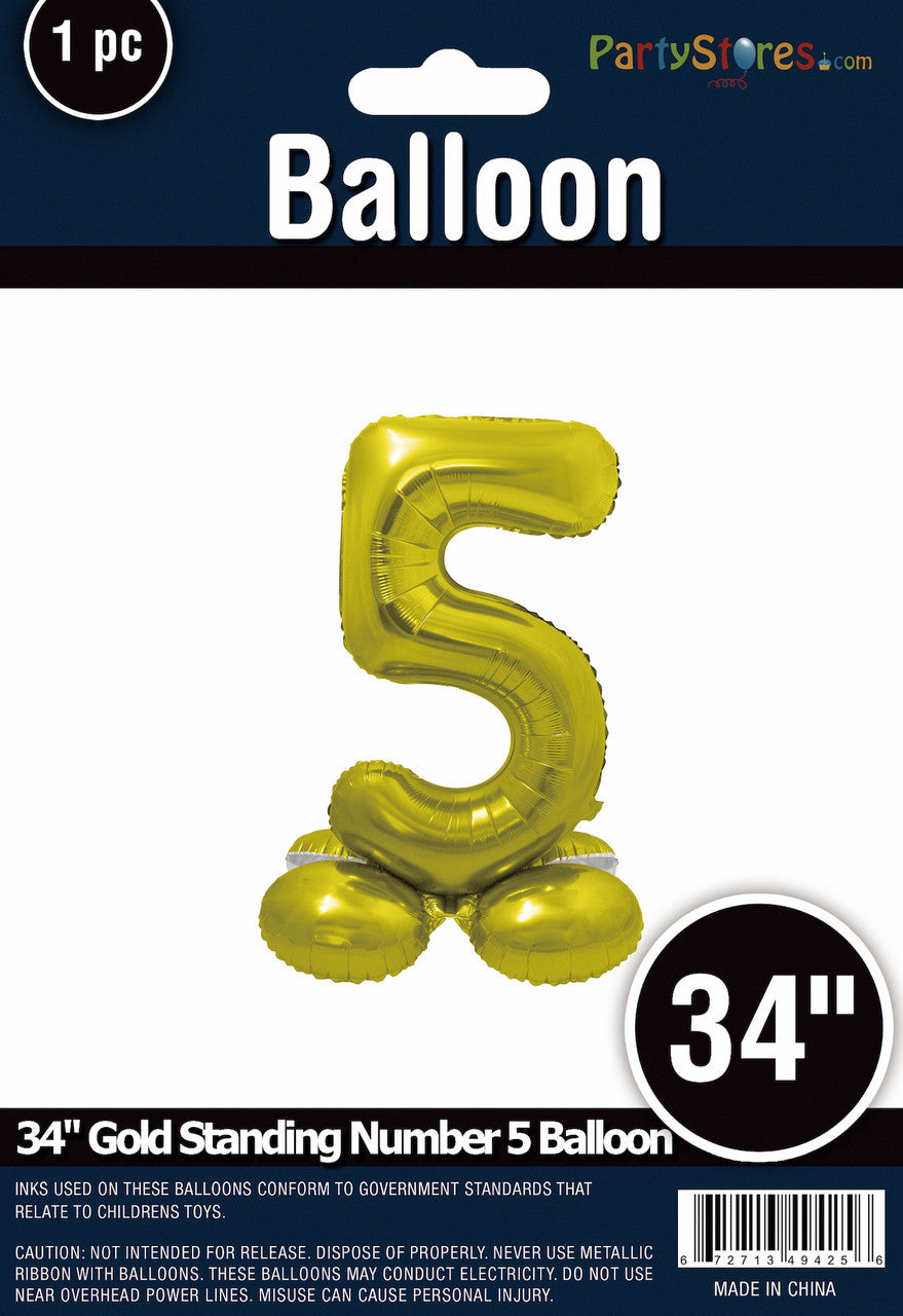 34" Gold Standing Number 5 Balloon Air-Fill ONLY