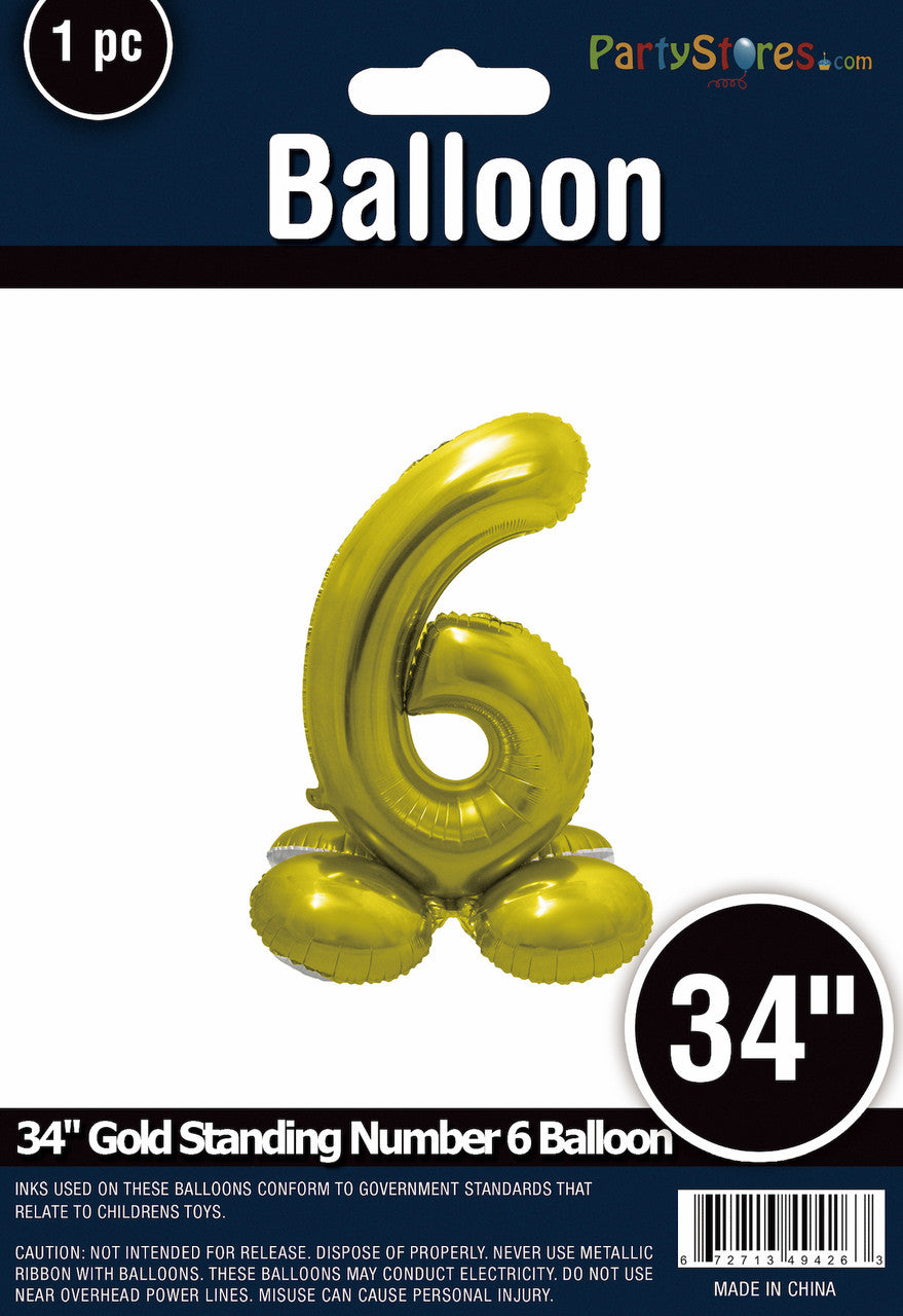 34" Gold Standing Number 6 Balloon Air-Fill ONLY