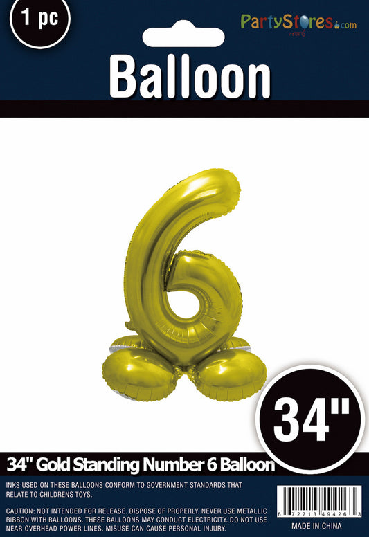 34" Gold Standing Number 6 Balloon Air-Fill ONLY