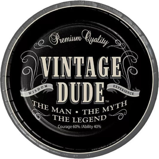 Vintage Dude 9" Paper Plates The Man Myth Legend Birthday Tableware 8/CT