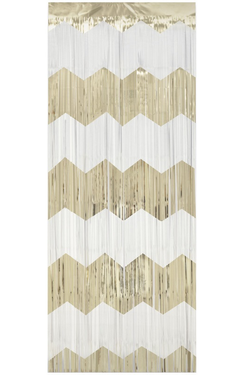 Gold and White Scalloped Foil Fringe Door Curtain 3.25 ft x 6.5 ft