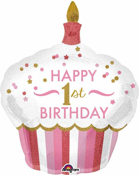 Happy 1st Birthday Jumbo Cupcake Balloon Pink