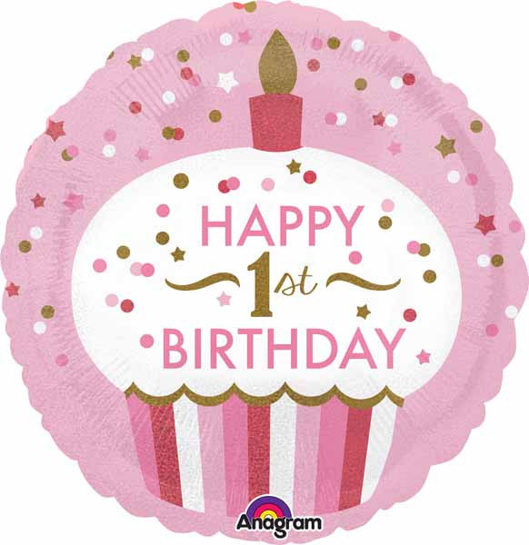 Happy 1st Birthday Pink Cupcake Round Balloon