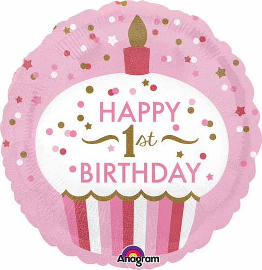 Happy 1st Birthday Pink Cupcake Round Balloon