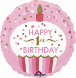 Happy 1st Birthday Pink Cupcake Round Balloon
