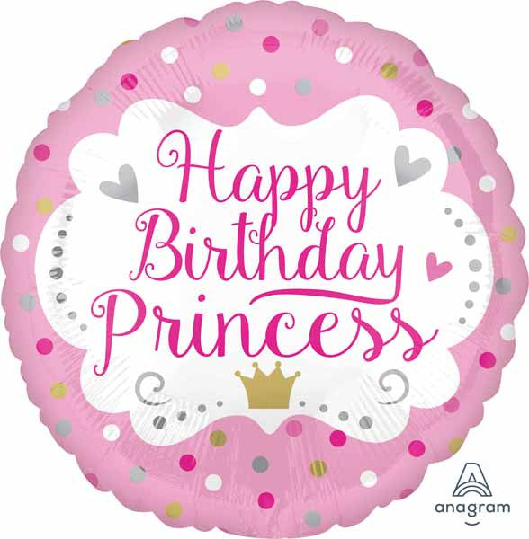 Happy Birthday Princess Pink Crown & Dots Foil Balloon
