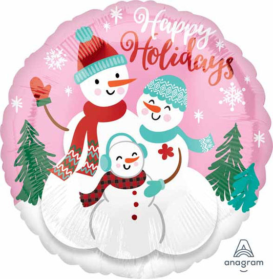 Happy Holidays Snowman Family Round Foil Balloon 18"