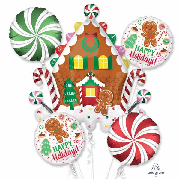 Anagram Gingerbread House Christmas Holiday 5 Foil Balloons Bouquet Party Decor