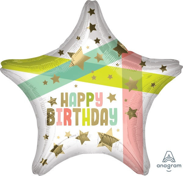 Anagram 19" Happy Birthday Gold Stars Pastels Foil Balloon Party Decor