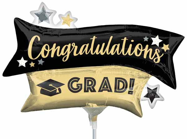 Mini Shape Foil Balloon Grad Graduation Black Gold Banner