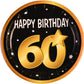 Round paper plate with 'Happy Birthday 60' text on a black background with gold accents.
