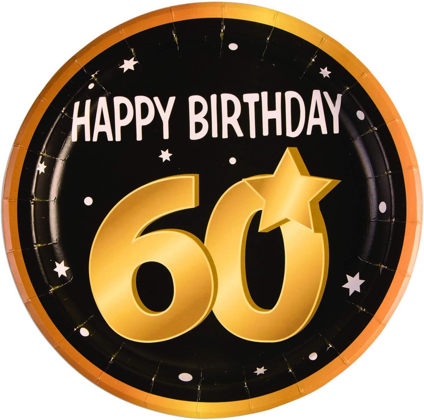 Round paper plate with 'Happy Birthday 60' text on a black background with gold accents.