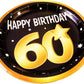 Black and gold 'Happy Birthday 60' paper plate with decorative elements.