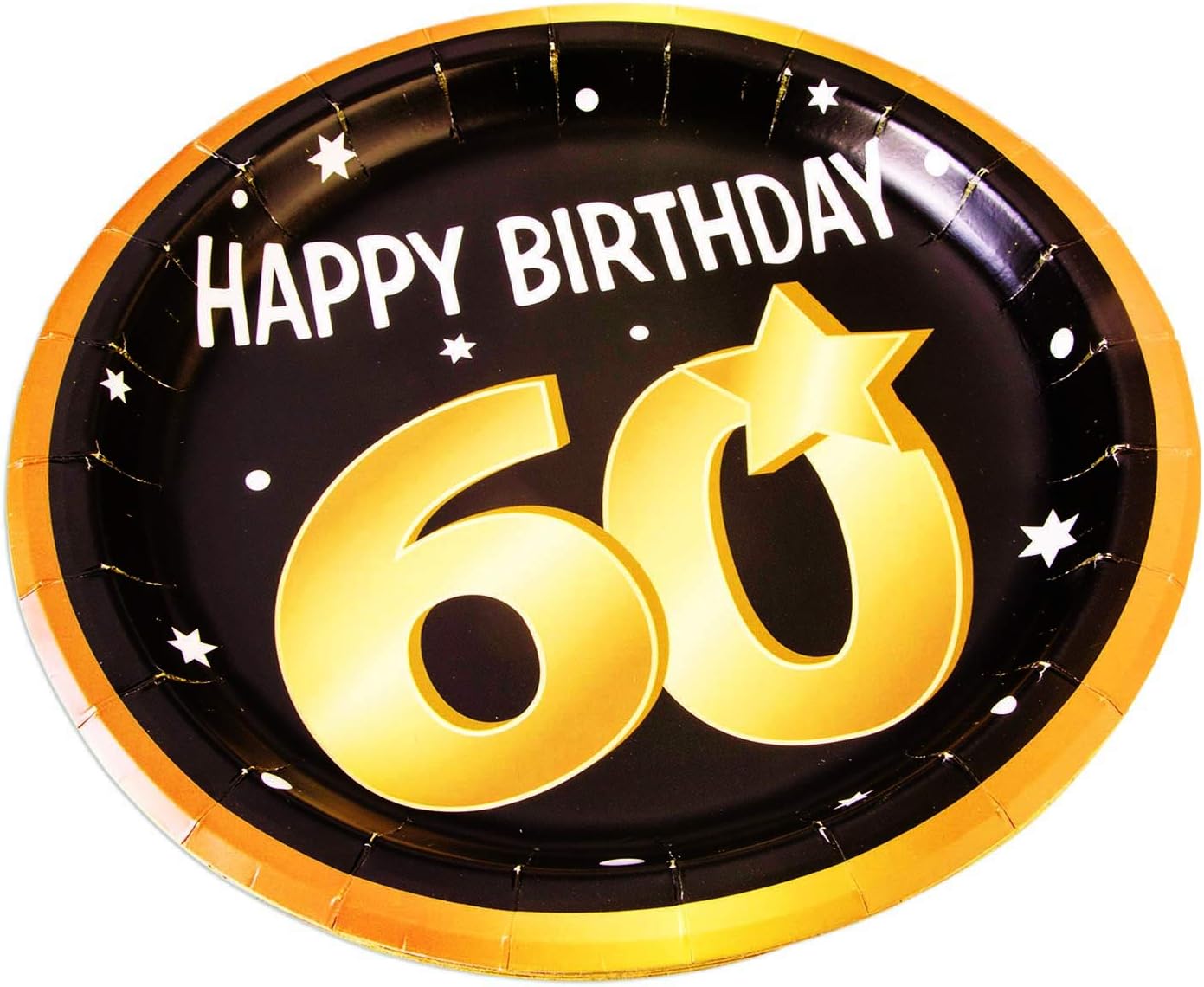 Black and gold 'Happy Birthday 60' paper plate with decorative elements.