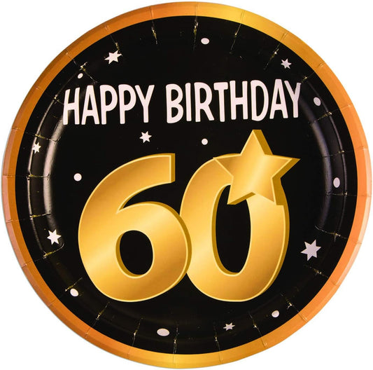 Round paper plate with 'Happy Birthday 60' text on a black background with gold accents.