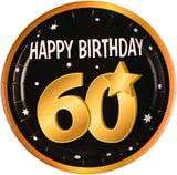 Round paper plate with 'Happy Birthday 60' text on a black background with gold accents.