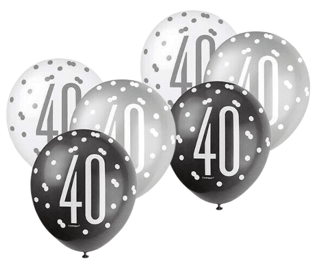 Age 40 Black Silver White Glitz Birthday Latex Balloons