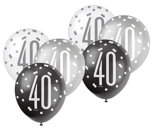 Age 40 Black Silver White Glitz Birthday Latex Balloons
