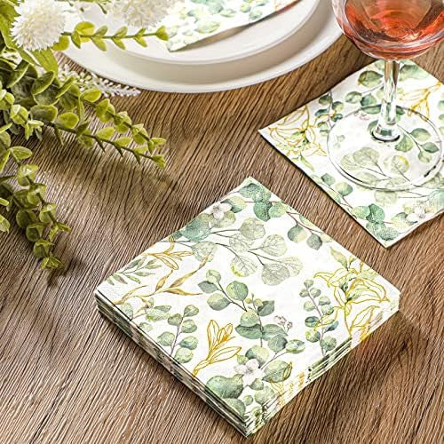 sage green foliage & gold beverage napkins