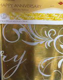 Gold metallic banner with 'Happy Anniversary' text and decorative patterns on packaging.