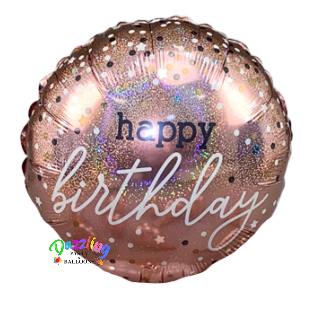 Happy Birthday rose gold mylar foil balloon with stars and dots