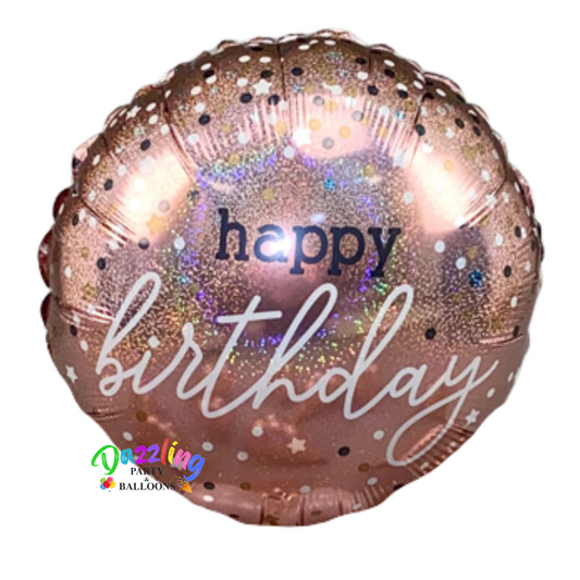 Happy Birthday rose gold mylar foil balloon with stars and dots