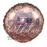 Happy Birthday rose gold mylar foil balloon with stars and dots