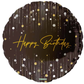 Black birthday balloon with gold and silver confetti and 'Happy Birthday' text.