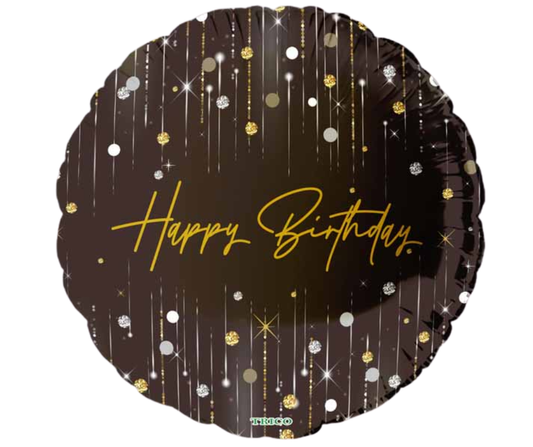 Black birthday balloon with gold and silver confetti and 'Happy Birthday' text.