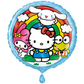Colorful balloon with cartoon characters including Hello Kitty on a white background