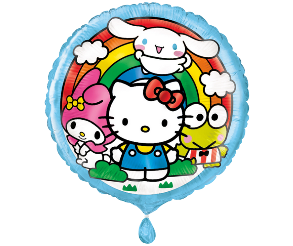 Colorful balloon with cartoon characters including Hello Kitty on a white background